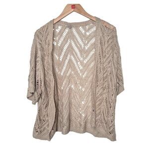 Roz & Ali Tan Open Front Crocet Knit Cardigan Plus Size 3X